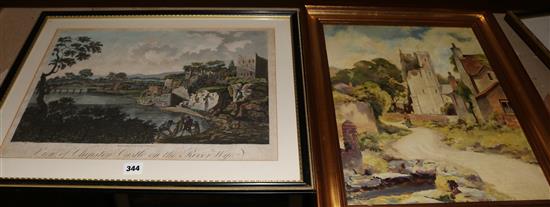 Glover, oil on board, Village scene with church and figure and a print after Gardner, View of Chepstow Castle on the Wye